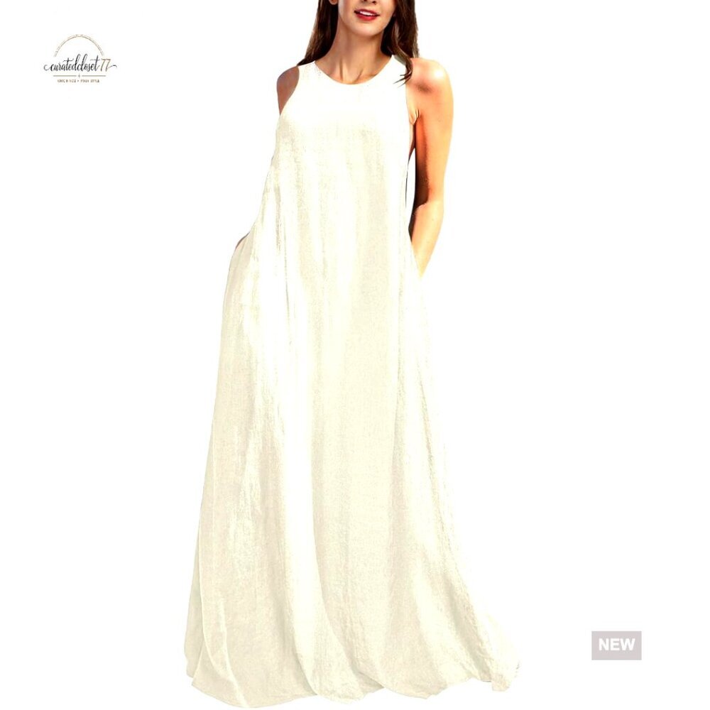 Linen Maxi Dress with Pockets, Sleeveless Casual Loose Fit